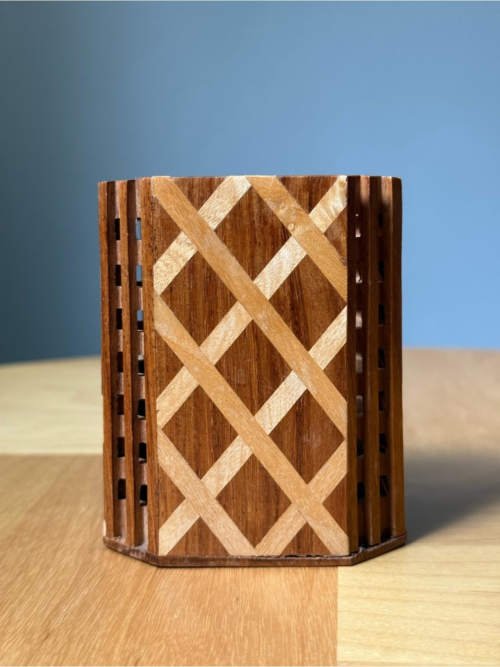 Made in India Handmade Natural Wood Lattice Carved Pen Stationary Holder